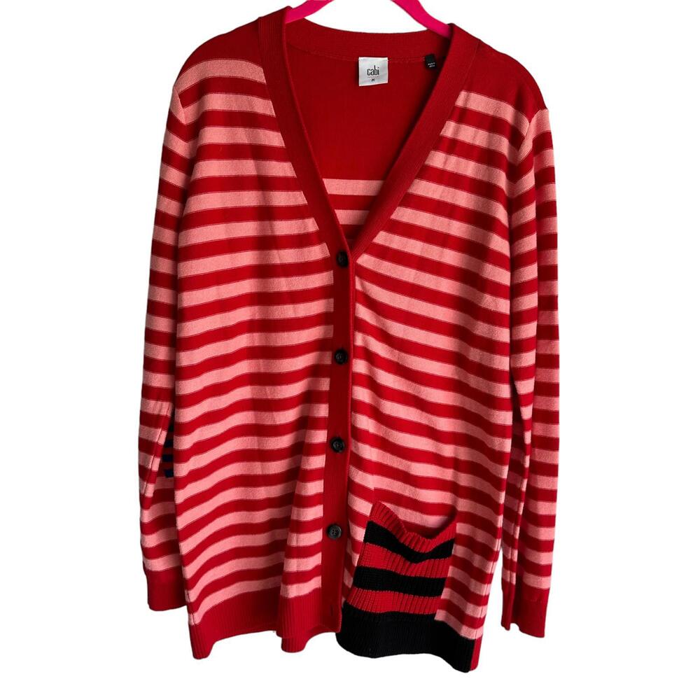 CABI Ladies Red Pink Picnic Summer Stripe Long Sleeve Preppy Cardigan, M